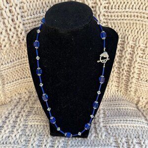 Vintage faceted glass beads necklace toggle clasp cobalt blue